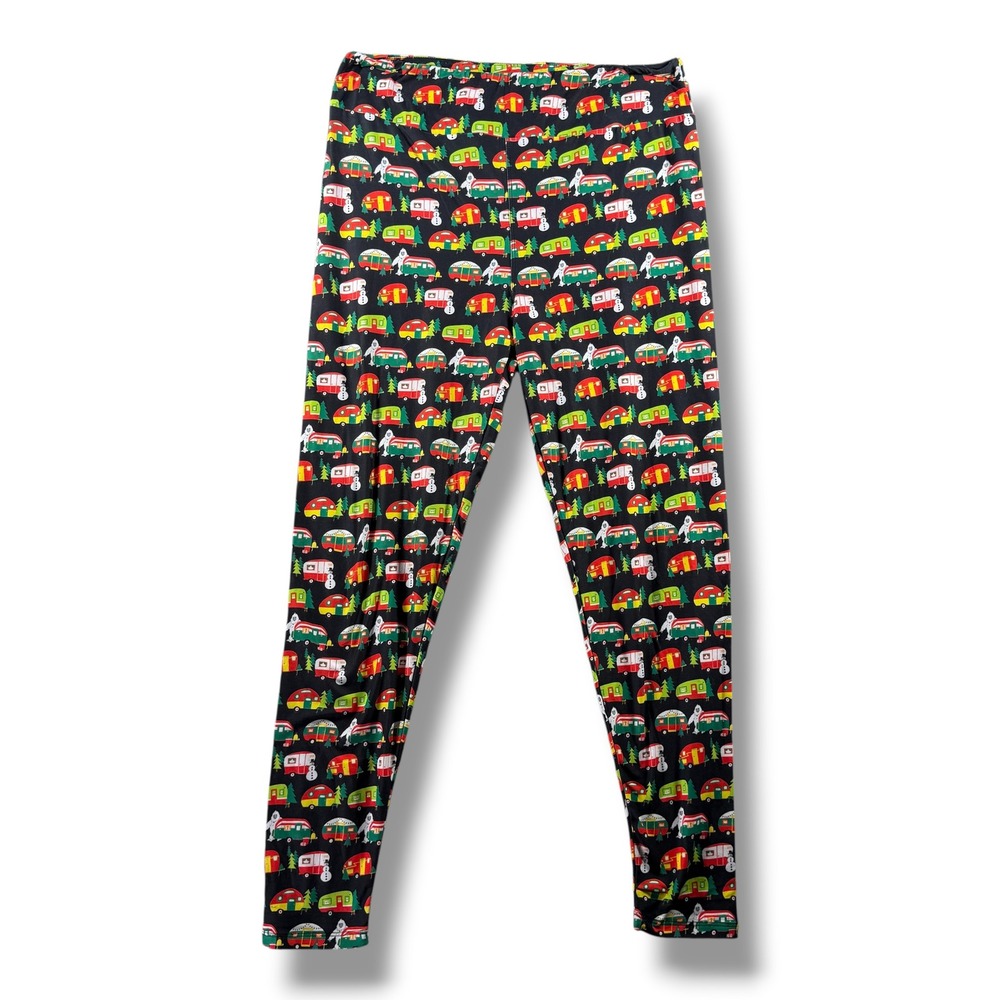 Fabulegs Bigfoot Christmas Camper Leggings Womens Large Black Holiday Graphic